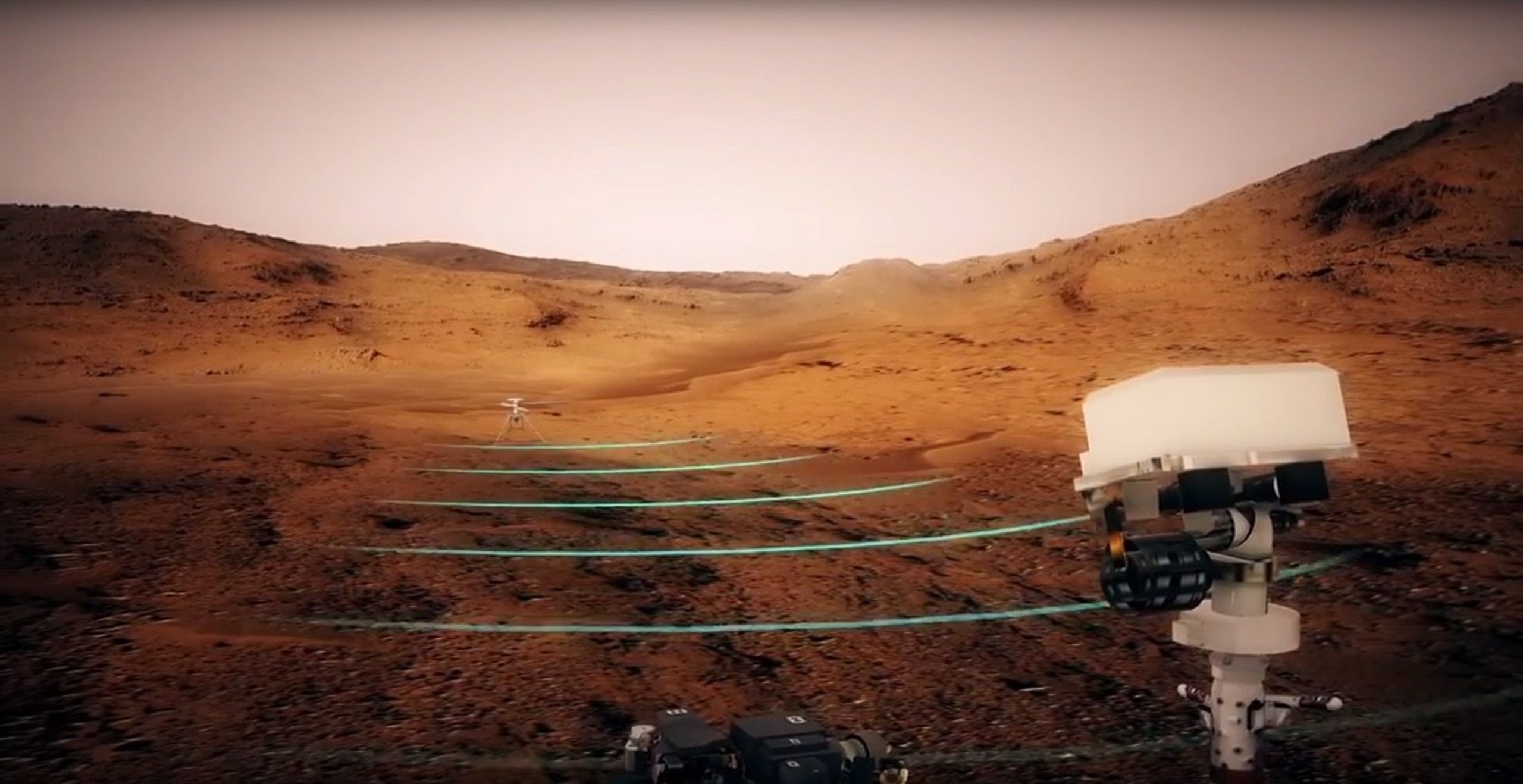 Artist’s concept of the Mars Helicopter communicating with the Mars 2020 rover