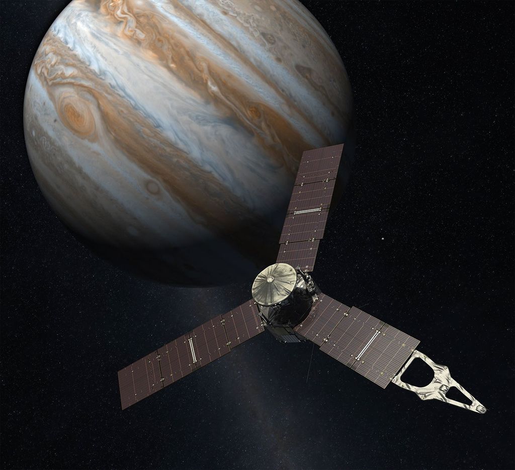 An artist's rendering of Jupiter and the Juno spacecraft.