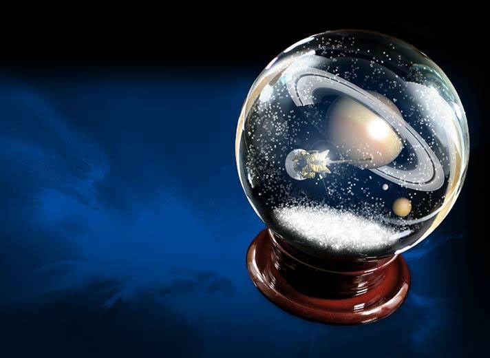 Illustration of Cassini and Saturn in a snowglobe.