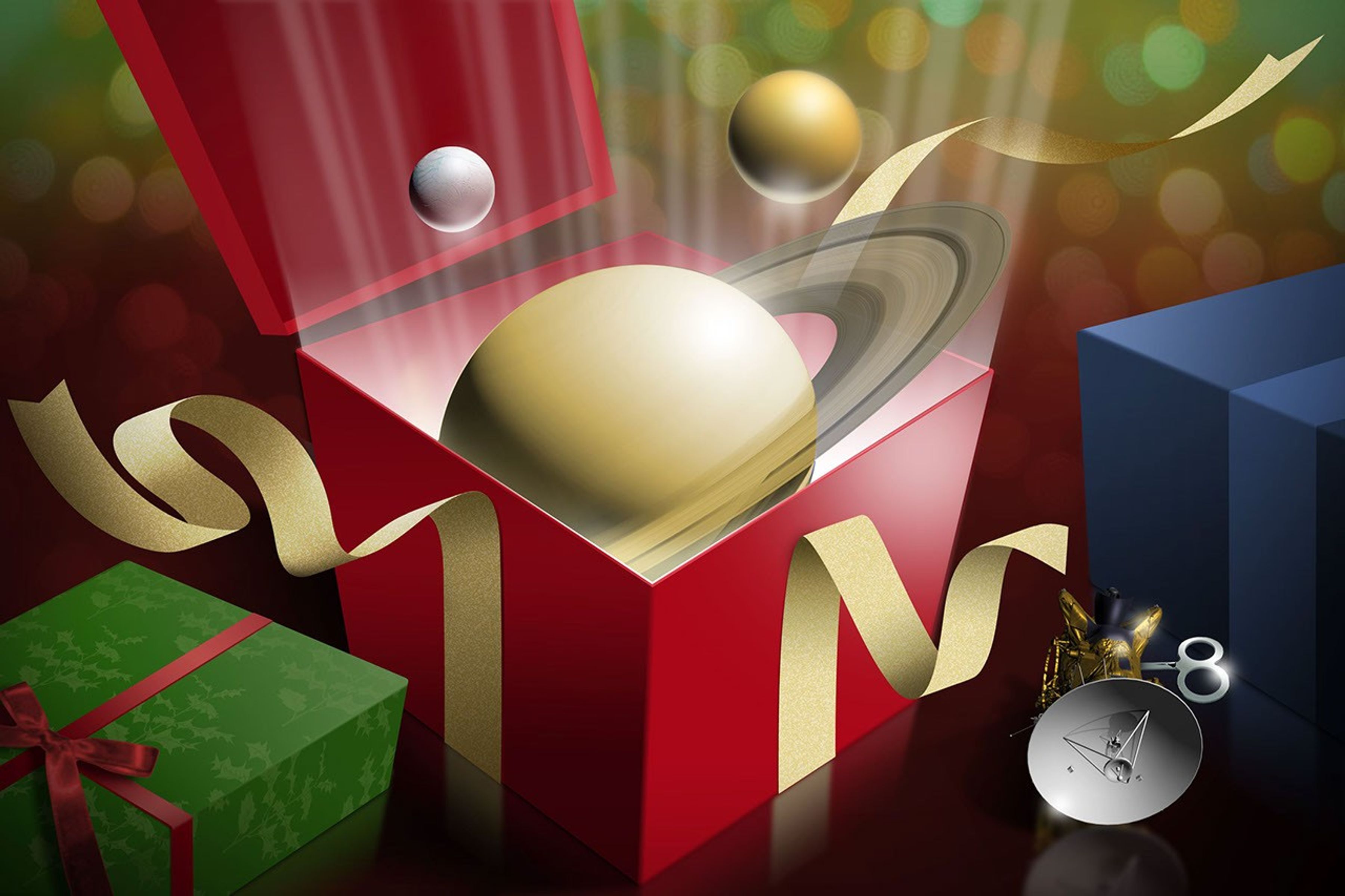 Illustration of Saturn in a present box.