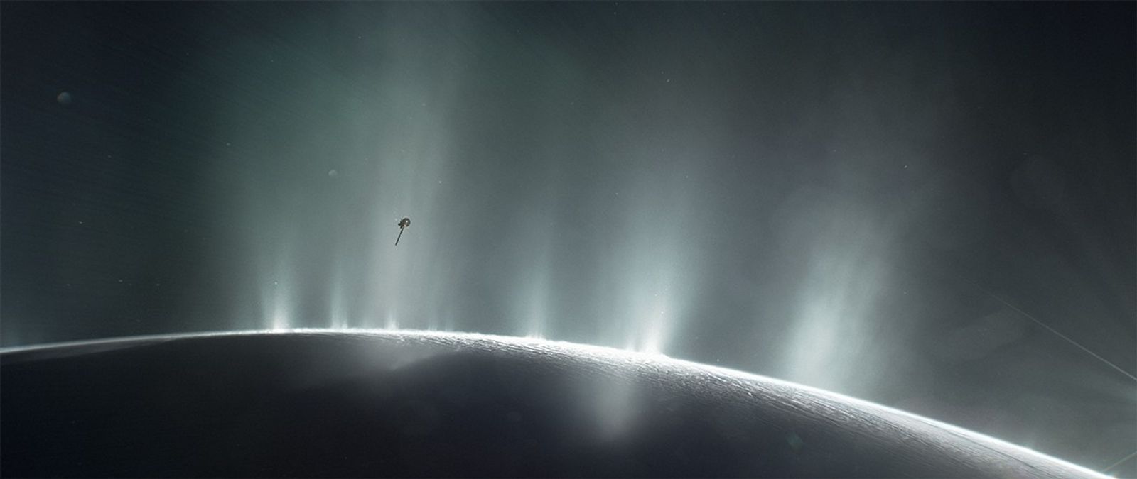 An illustration of Cassini flying through Enceladus' plumes