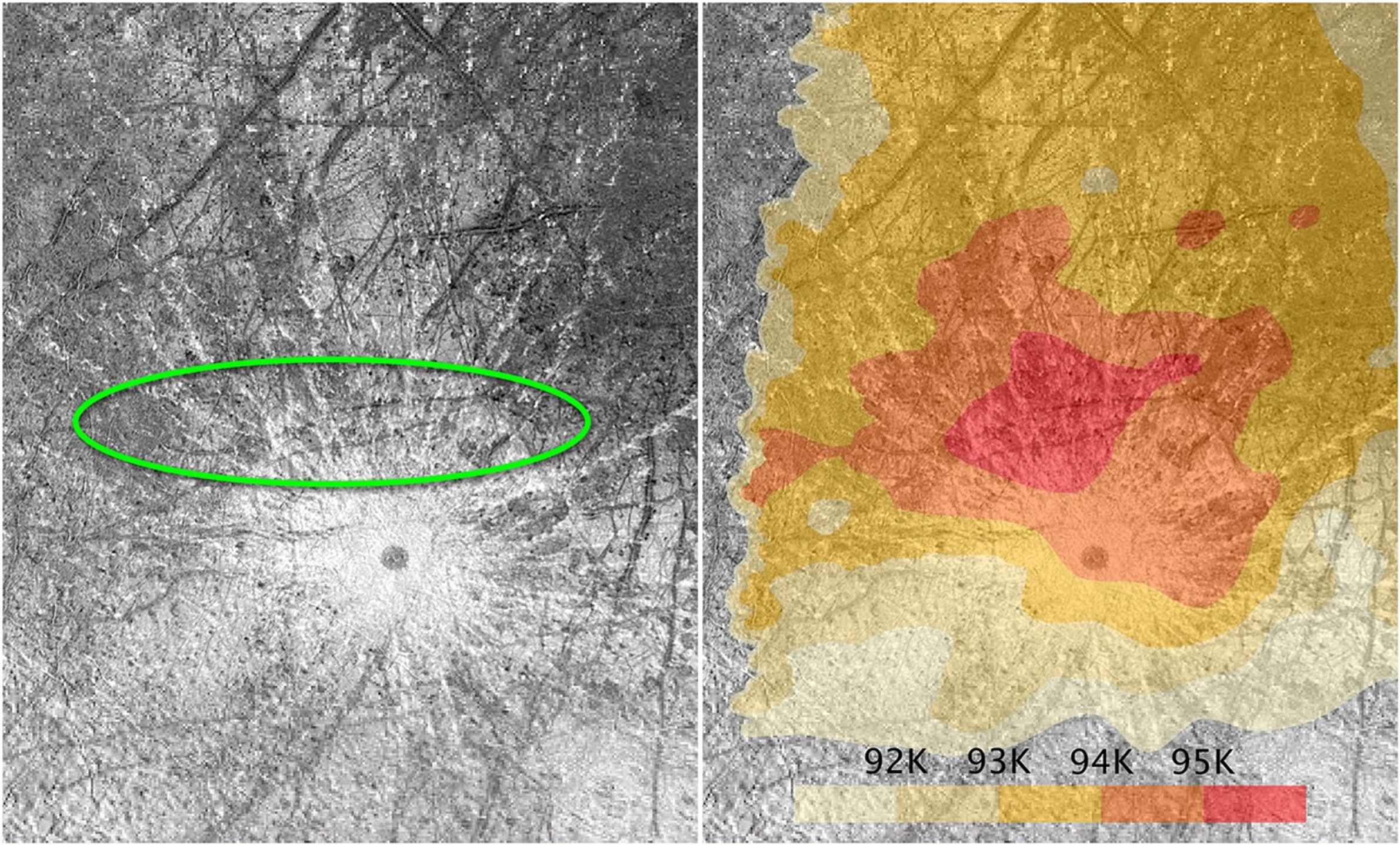 Illustration showing heat on the surface of Europa.