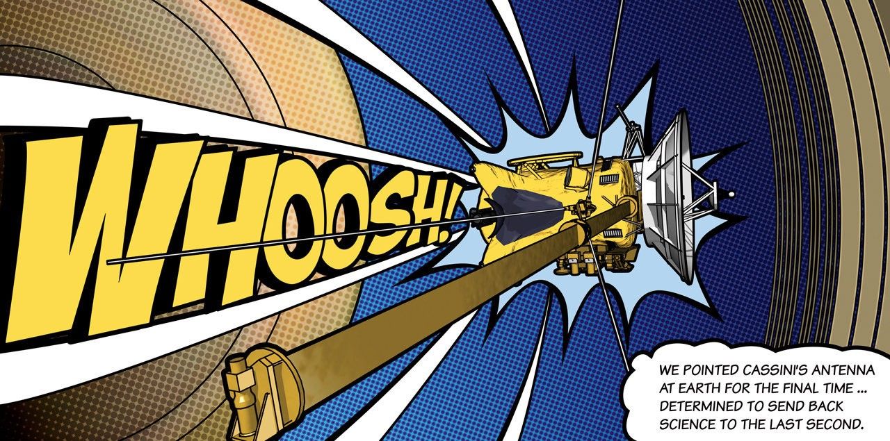 Cartoon version of Cassini diving between Saturn and its rings.