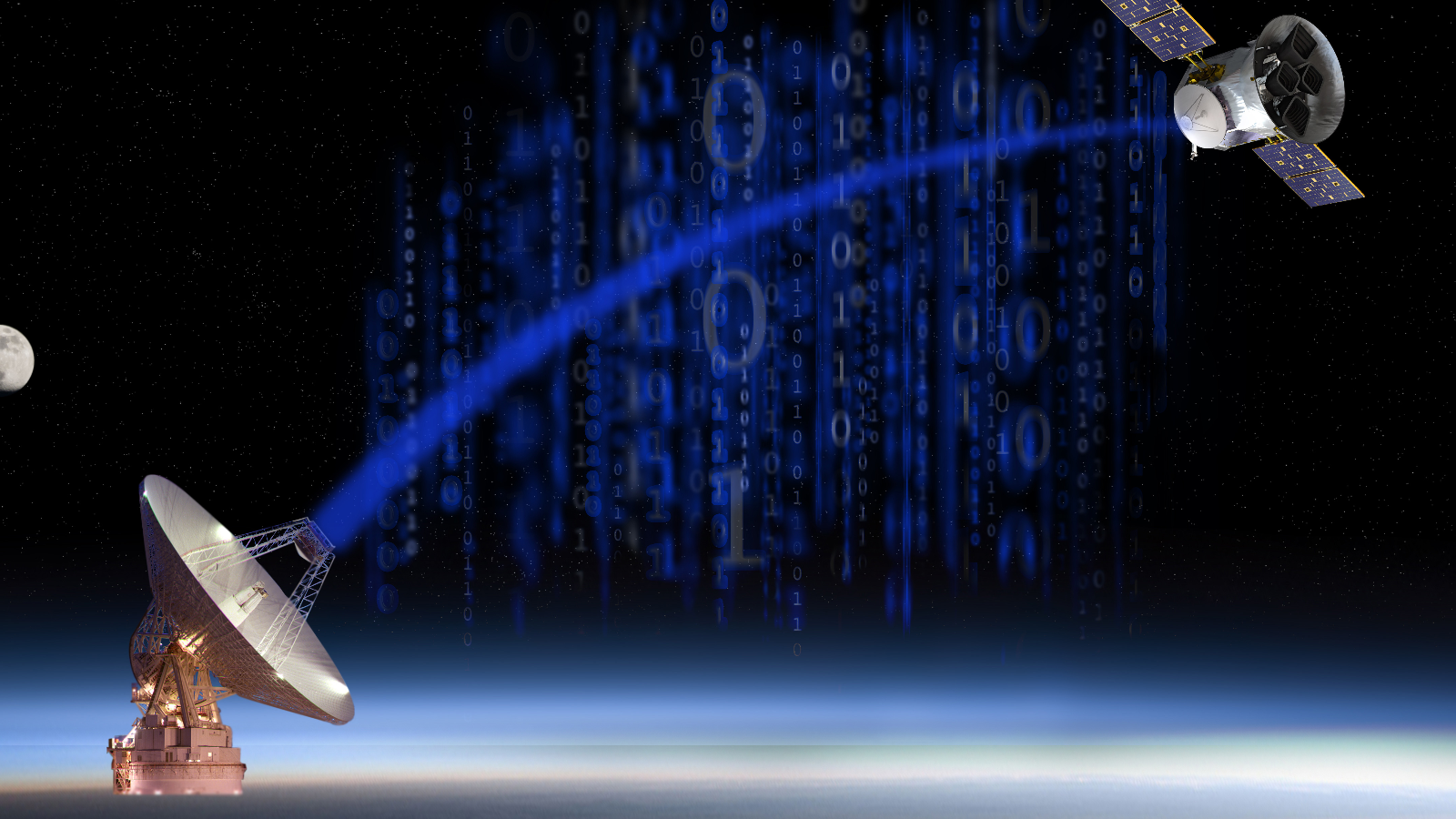 Illustration of TESS sending data back to Deep Space Network antenna.