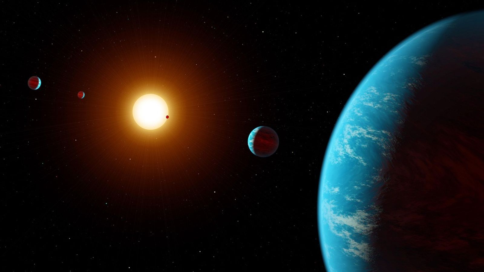Illustration of several plants orbiting a distant star.