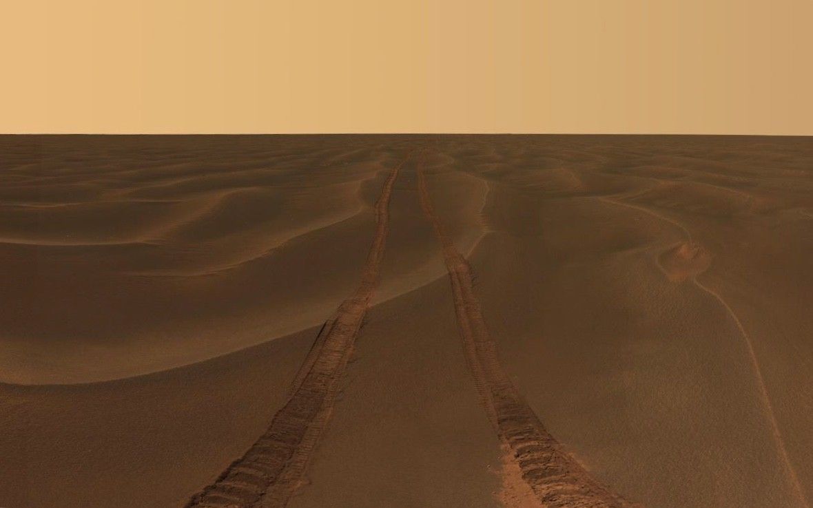 vast plain of dunes with rover tracks leading to horizon