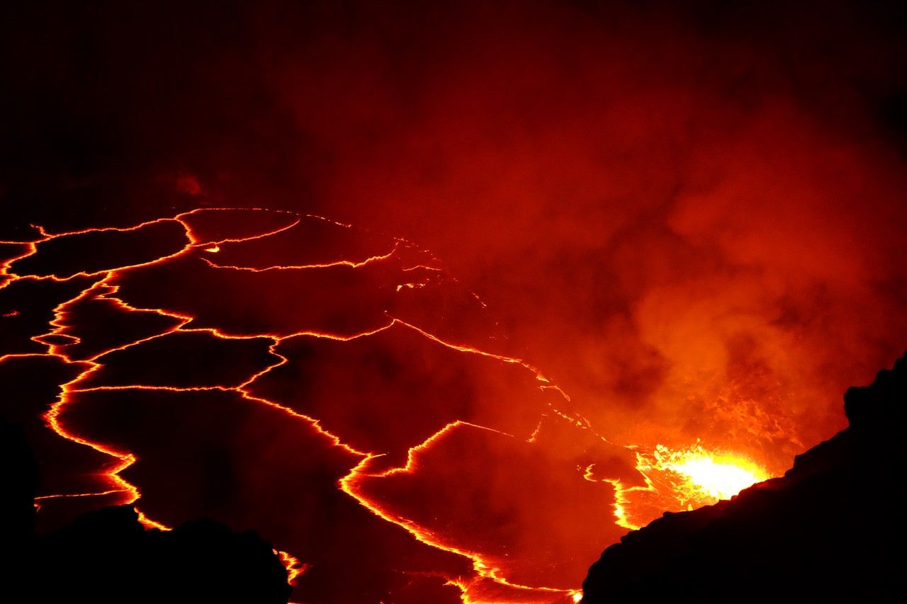 Lava glowing at night.