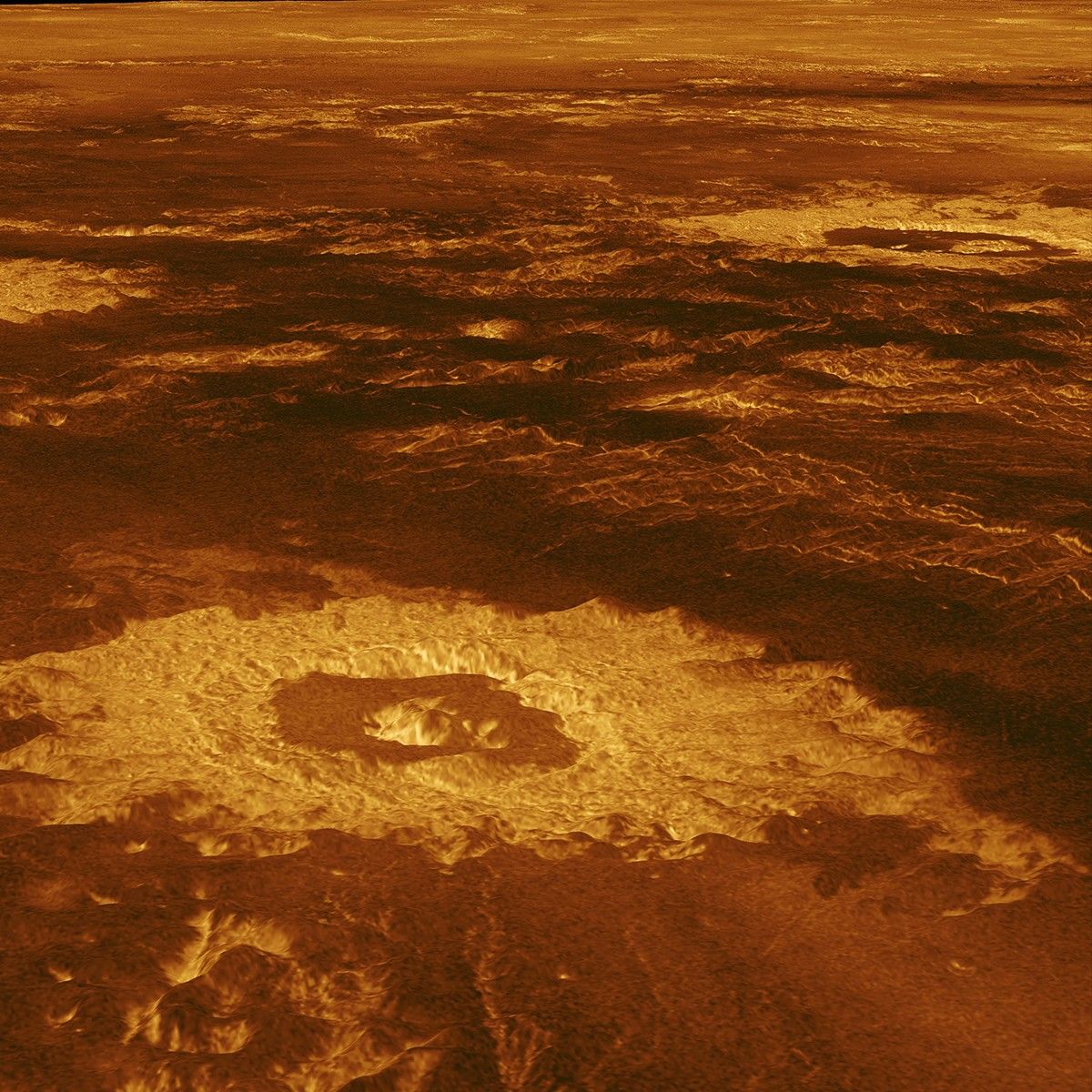 Radar map of Venus surface created by NASA Magellan spacecraft showing volcanoes and highland terrain hidden beneath thick clouds