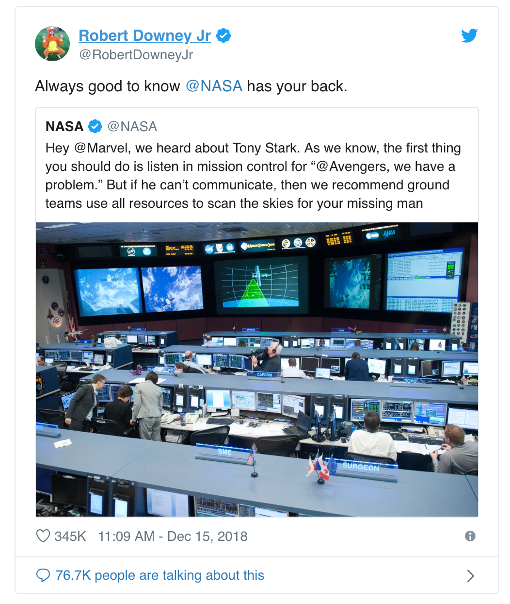 Tweet from Robert Downey Jr. that says "Always good to NASA has your back."