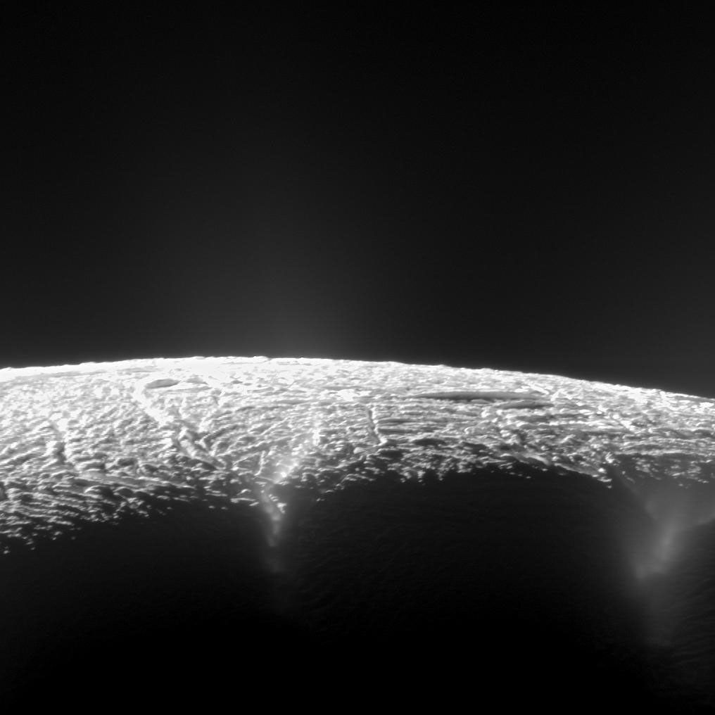 curved horizon with venting geysers visible