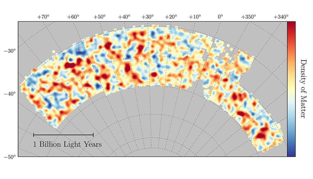 Map of dark matter made from gravitational lensing measurements of 26 million galaxies in the Dark Energy Survey.