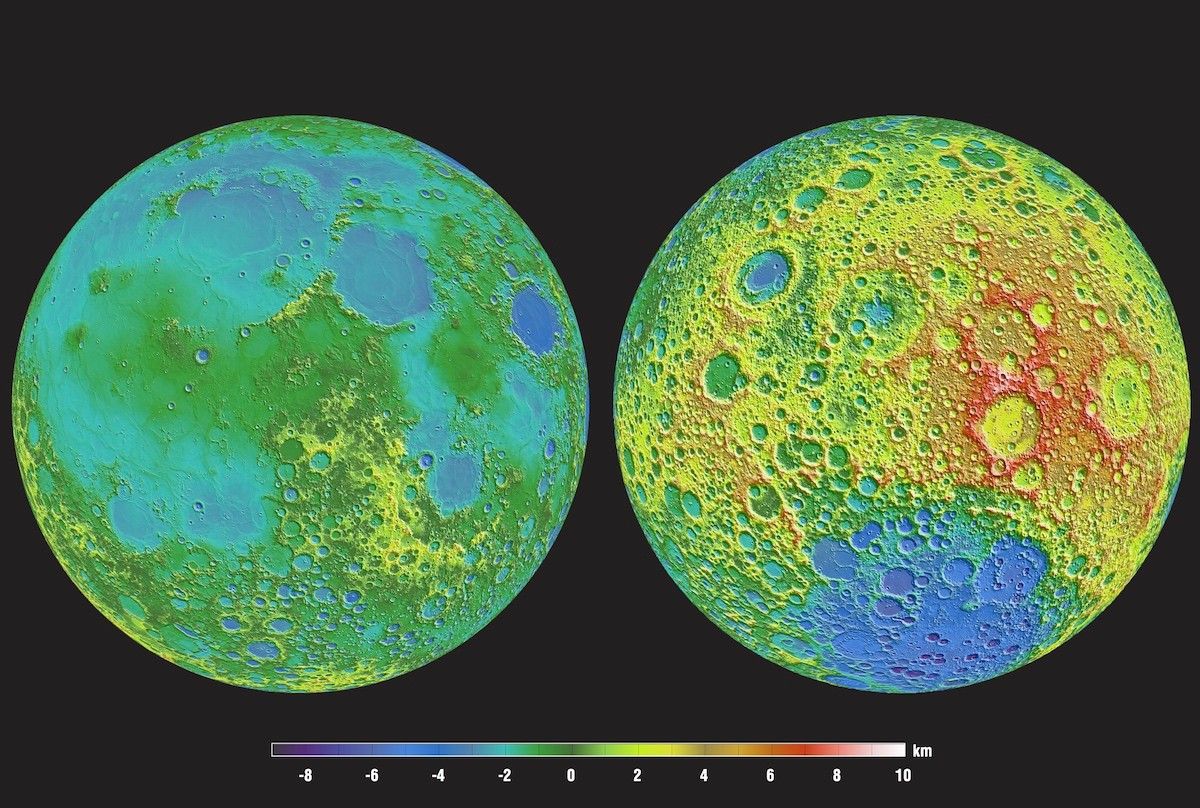 color-coded topographic map of both lunar hemispheres