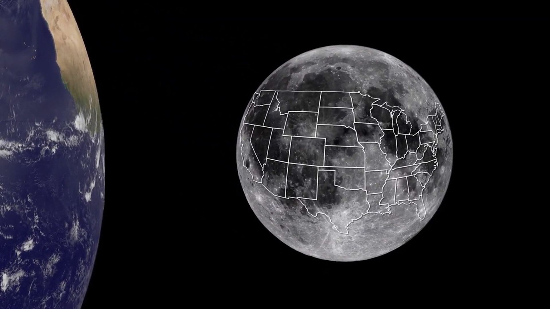 Illustration showing a map of the United States covering most of the Moon's near side.