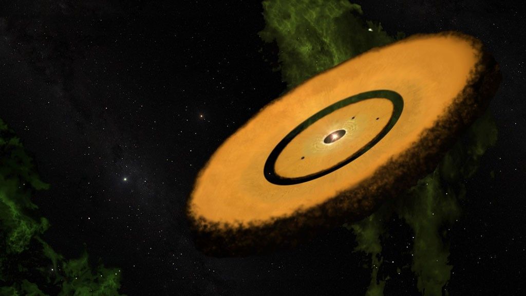 Illustration of dust and gas surrounded a star.