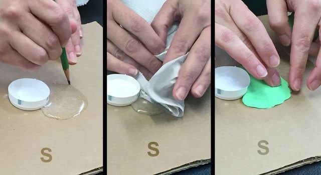 Three images showing steps of how to make a volcano