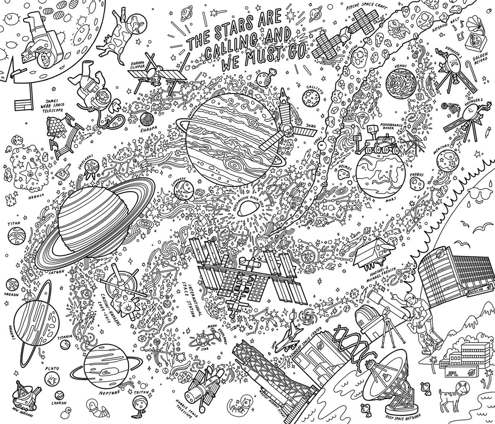 full poster compilation of 6 separate coloring pages featuring our solar system and beyond