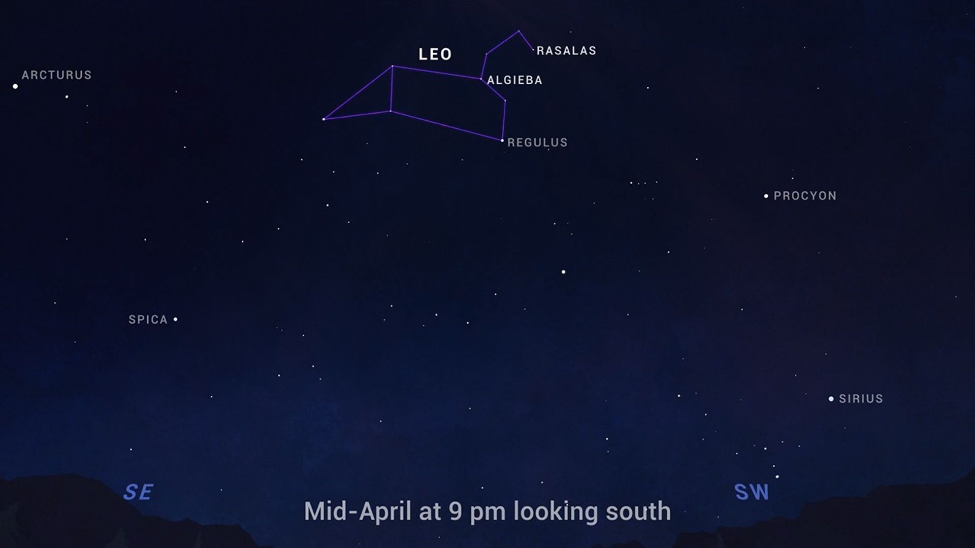 Chart showing were to see the constellation Leo in the south in mid-April.