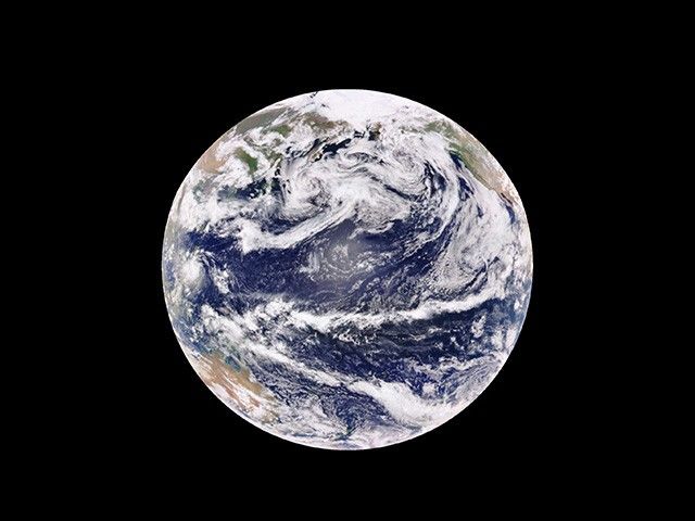 A blue sphere with swirling white clouds and brown and green splotches is shown in front of a black background.