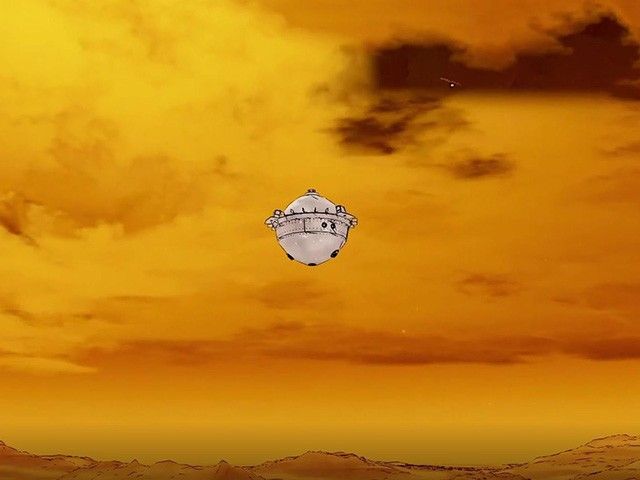 DAVINCI Probe shown descending through the yellow-orange clouds of Venus.