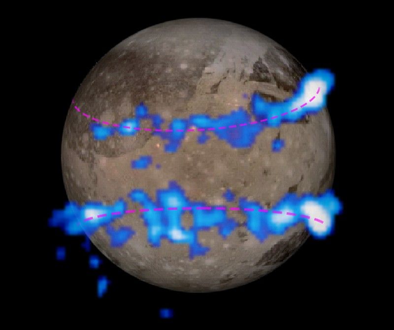 Blue and white bands circle grayish moon Ganymede