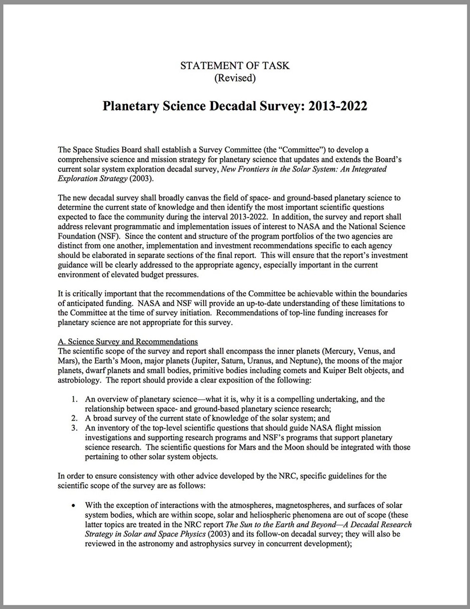 Planetary Science Decadal Survey: 2013-2022