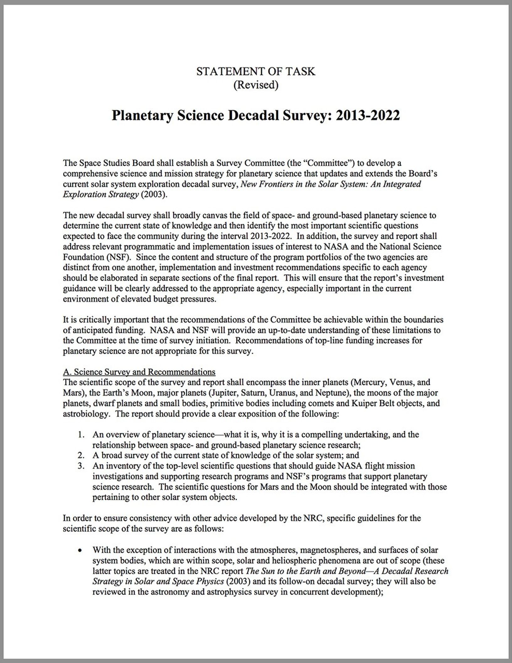 Planetary Science Decadal Survey: 2013-2022