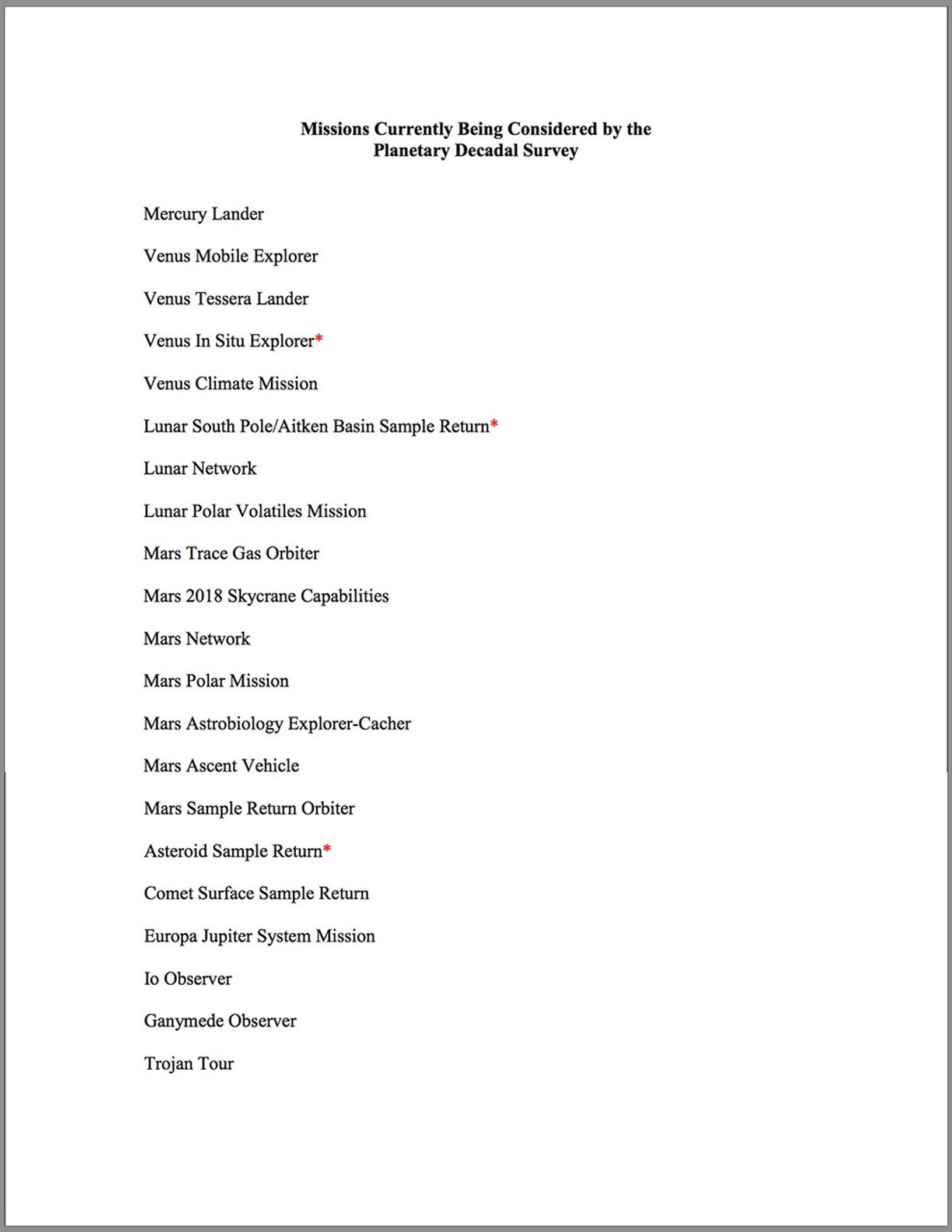 Missions Considered by the Planetary Decadal Survey