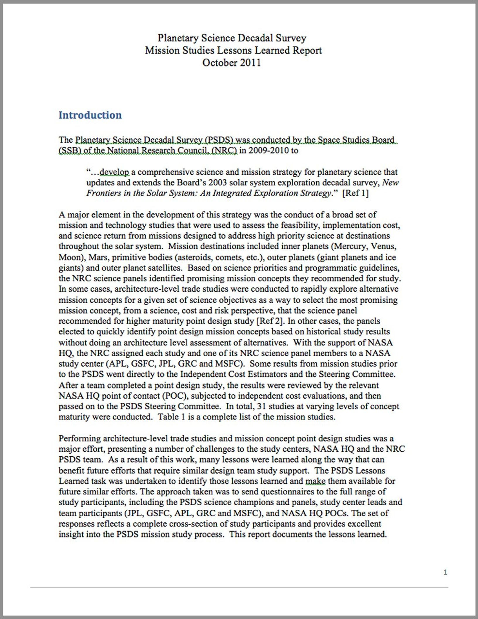 Planetary Science Decadal Survey Mission Studies Lessons Learned Report—October 2011