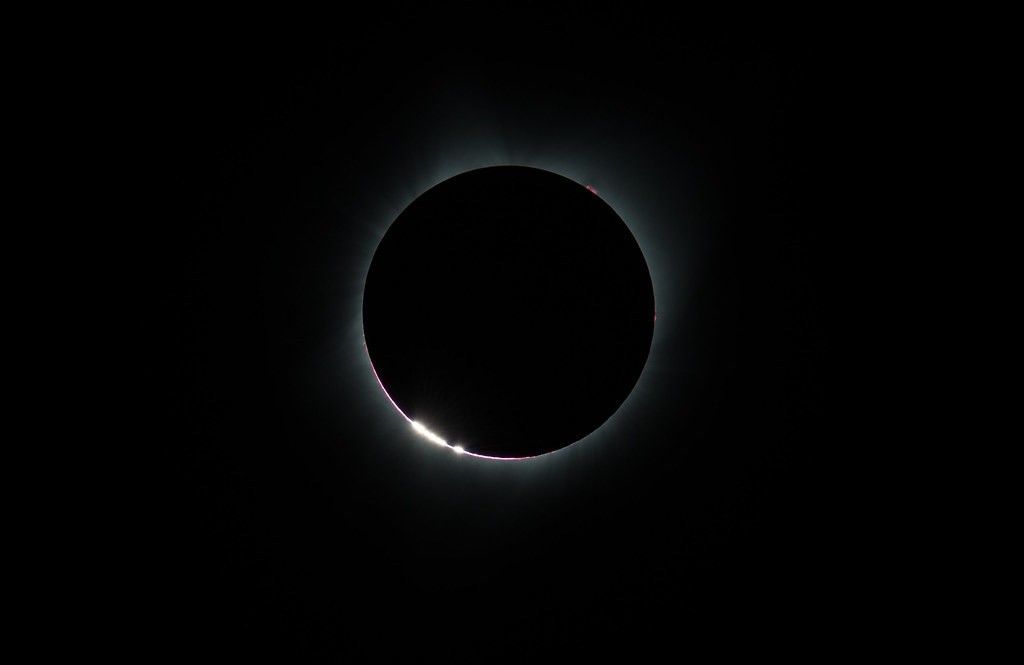 Sunlight passes through the Moon’s rugged terrain creating the Baily’s Beads effect during the total solar eclipse on Aug. 21, 2017