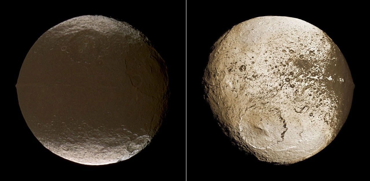 One side of the Moon is cratered and splattered with dark debris. The other side's surface is entirely dark.