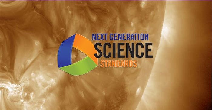 A small portion of a sepia toned sun with bright white streamers erupting from the surface and the Next Generation Science Standards logo in orange, green and blue in the middle