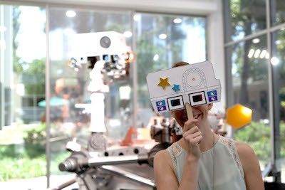 Kim Orr wearing RoverView glasses at JPL