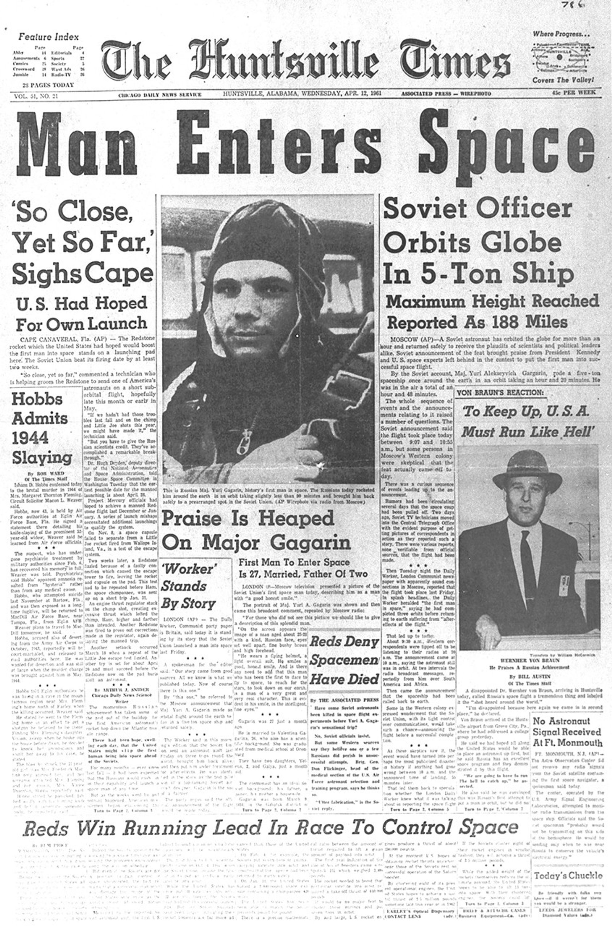 Front page of the Huntsville Times: Man Enters Space