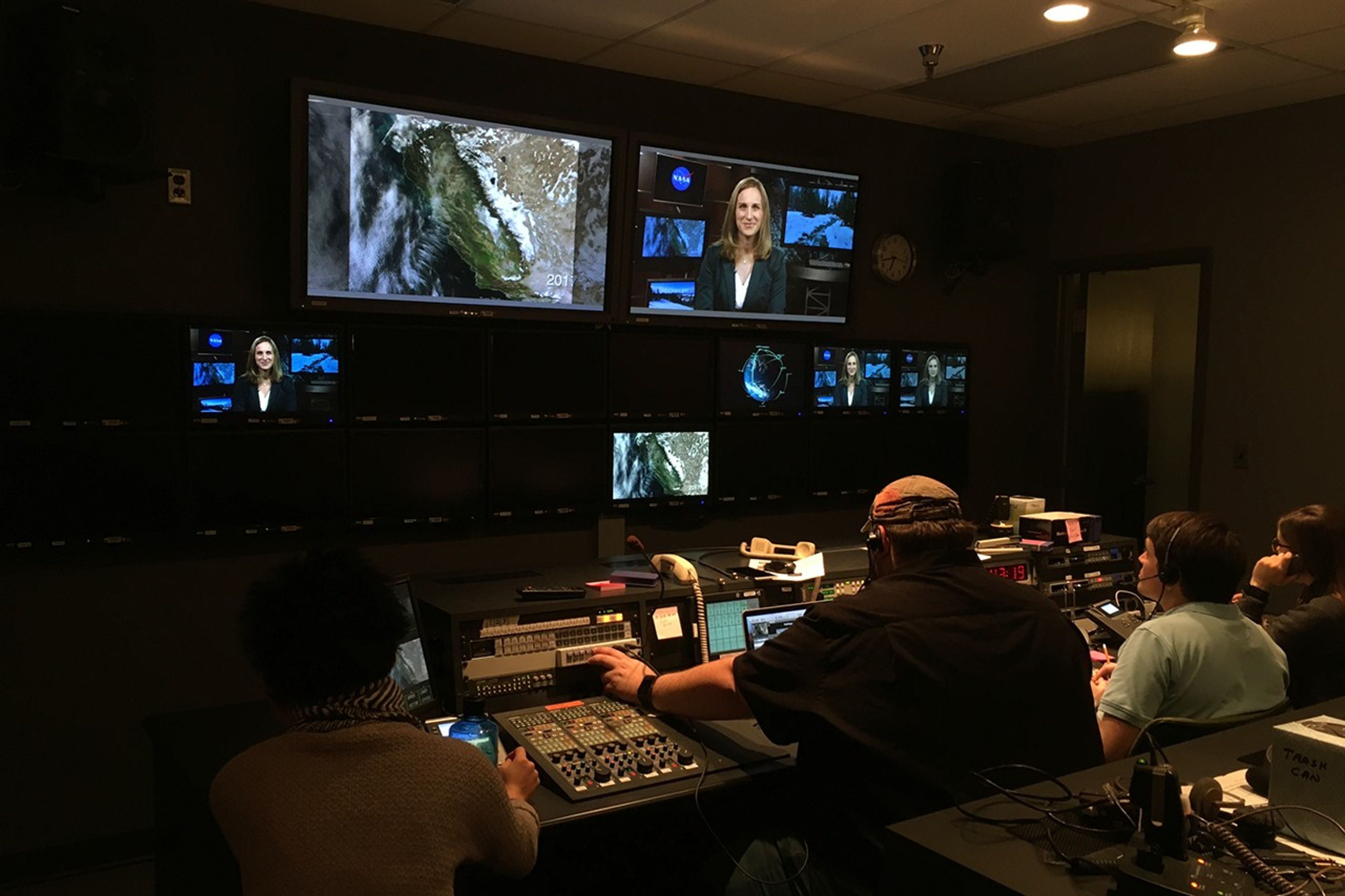 A view inside the media control room at NASA's Goddard Space Flight Center where Dr. Kirschbaum is being interviewed by a media outlet about water resources.